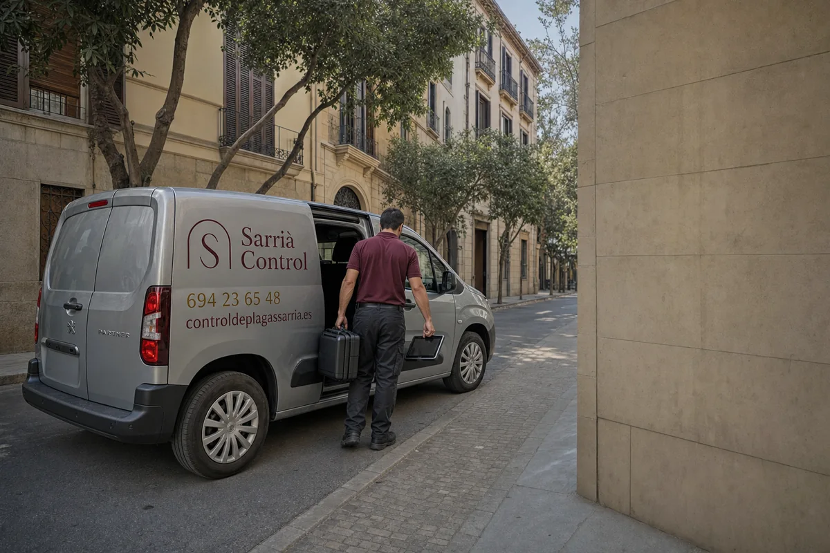 Técnico de control de plagas trabajando en una vivienda de Sarrià